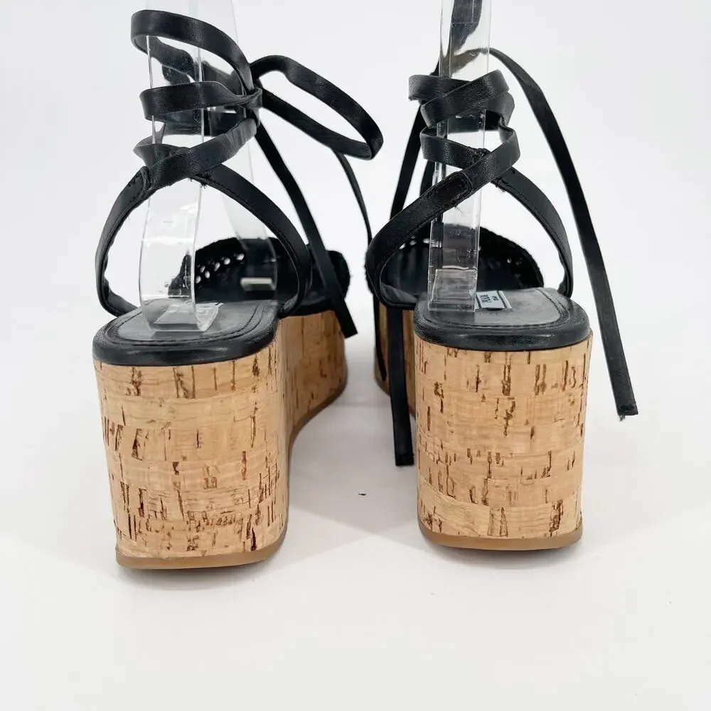 Prada Black Raffia Crochet Logo Cork Platform Lace Up Ankle Tie Sandals IT 41